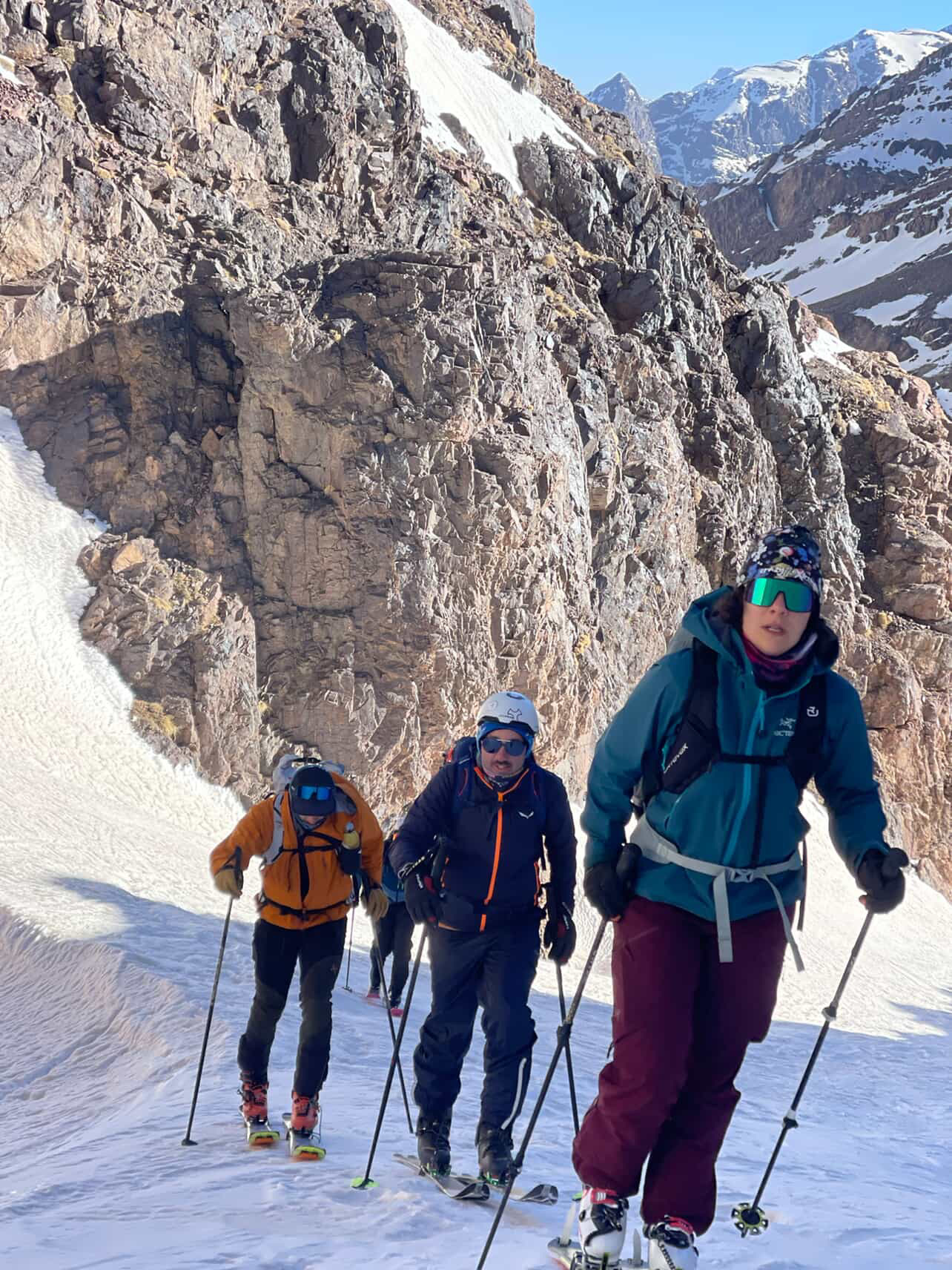  Ski touring in the snowy High Atlas towards Likemt and Bougnousene peaks from Tachddirt village, Morocco.